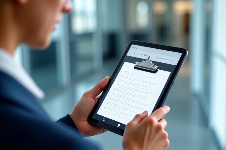 Supervisore che controlla la pulizia con una tablet